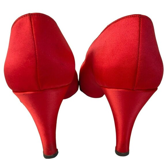 Vintage Charles Jourdan Shoes Heels Leather Red Satin Rhinestone Size 9 Paris - Picture 5 of 10